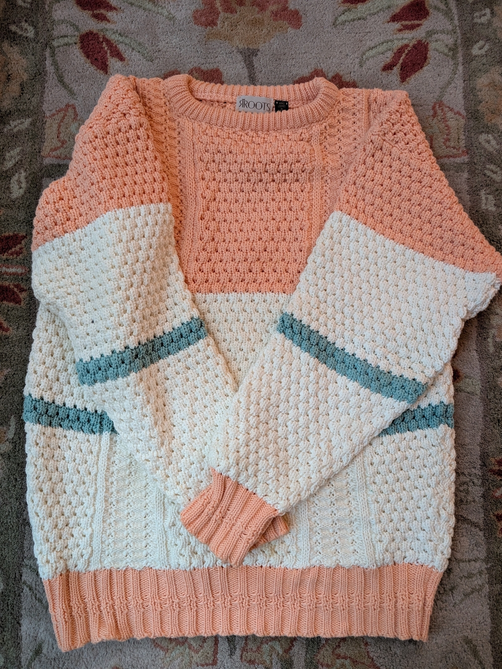 Vintage 80's Roots Peach, Cream & Teal Stripe Crewneck Sweater
